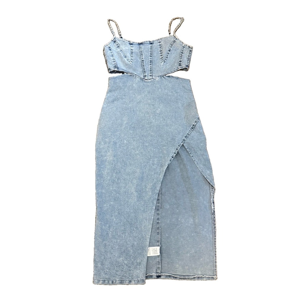 Light Wash Denim Dress Waist Cutout Strappy Size Medium Deep Side Slit